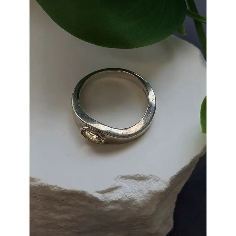925 Sterling Silver Oval Yellow Citrine Band Ring Size 8